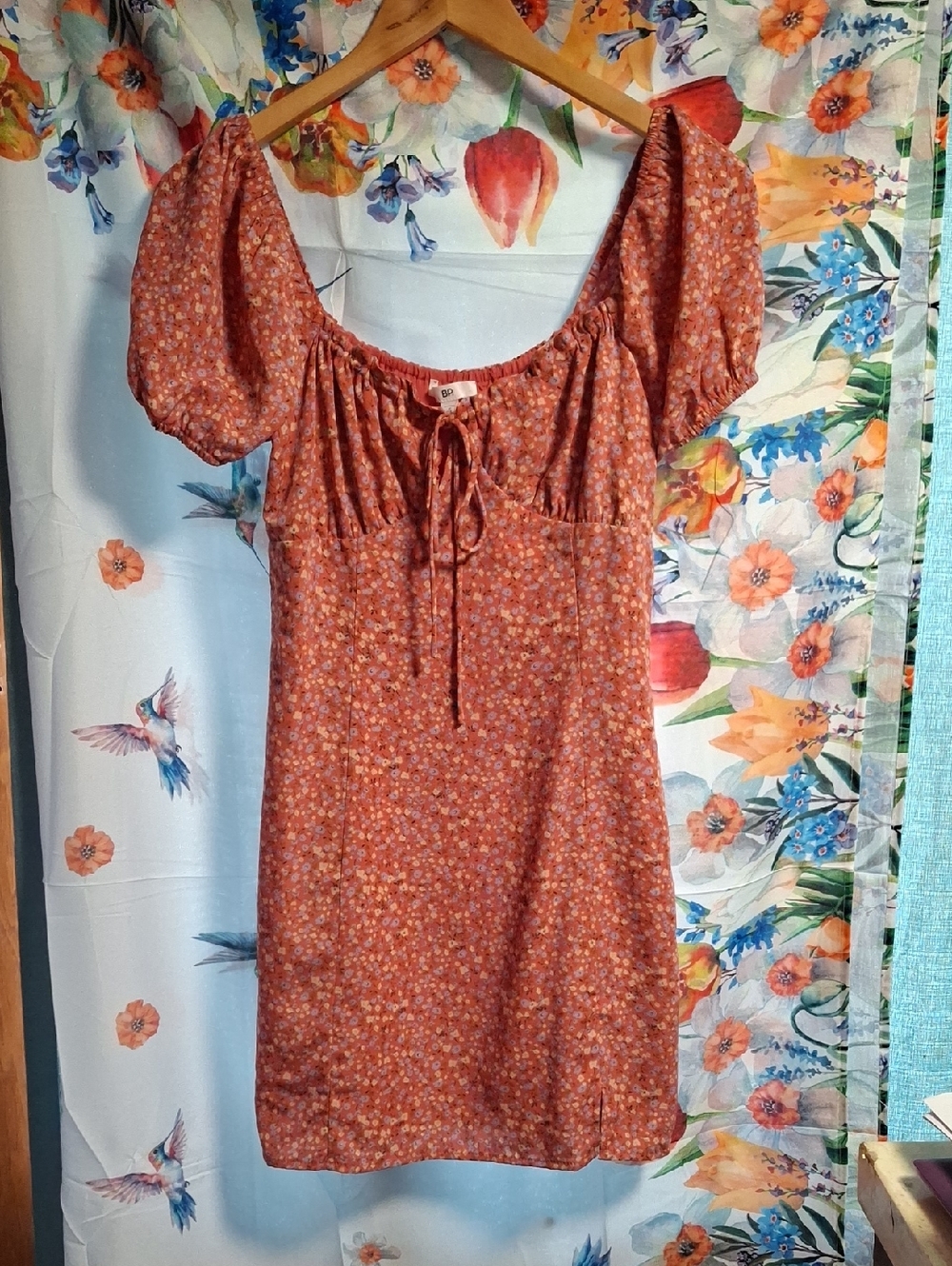 bp Rust Floral Puff-Sleeve Mini Dress Size Small